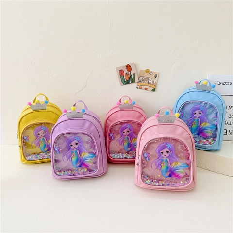Kinderrugzak PU Leer Zeemeermin Print Transparante Paillettenlaag Kroon Decoratie Pom Pom Schattige Prinses Schooltas