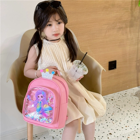 Kinderrugzak PU Leer Zeemeermin Print Transparante Paillettenlaag Kroon Decoratie Pom Pom Schattige Prinses Schooltas