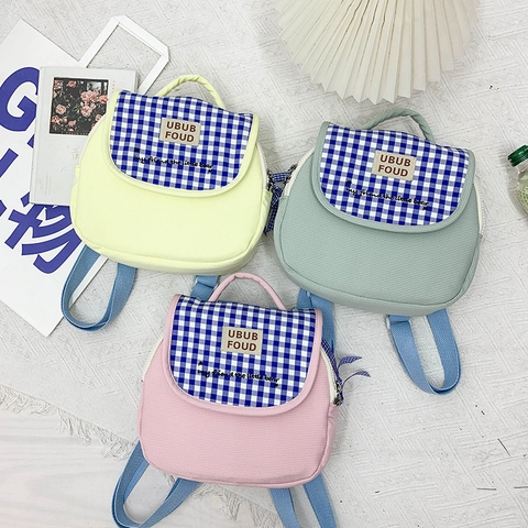 Kids Backpack Cute Grid Pattern Kindergarten School Bag Lightweight Canvas Nylon Outdoor Travel Knapsack For Girls
