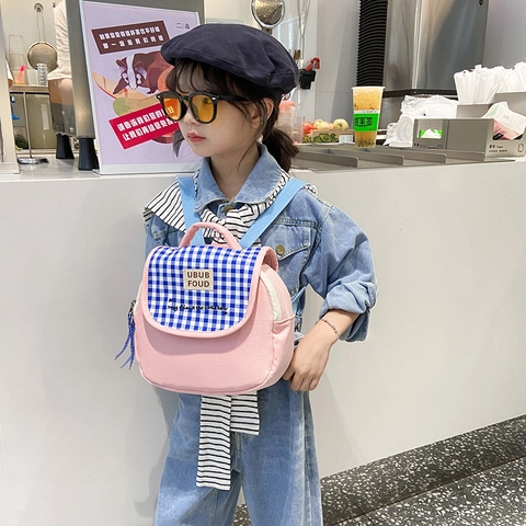 Kids Backpack Cute Grid Pattern Kindergarten School Bag Lightweight Canvas Nylon Outdoor Travel Knapsack For Girls
