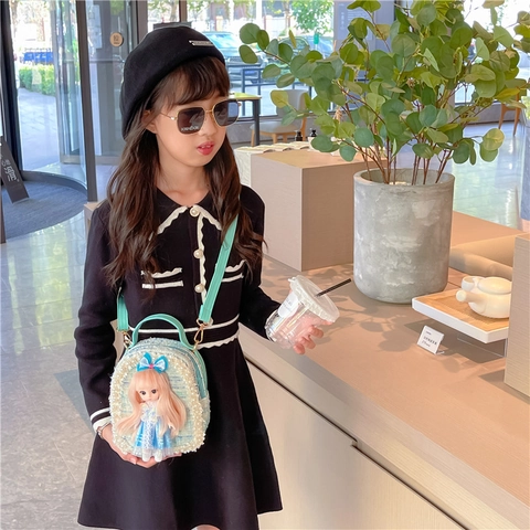 Bolso Bandolera Mini Para Niños Tweed Ribete Perlas Artificiales Con Muñeca 3D Estilo Princesa Mochila Hombro Para Niñas Accesorios Moda
