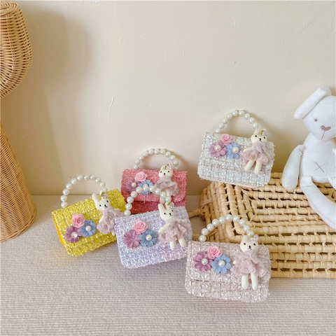Bolso Bandolera De Tweed Para Niñas Con Asa De Perlas Artificiales Y Muñeco De Conejo Bolso De Flores Dulces Para Niños Princesa