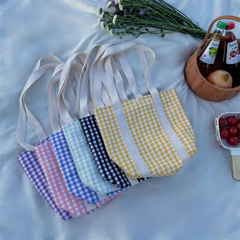 Kids Canvas Gingham Shoulder Bag Girls Checkered Tote Handbag Small Portable Snack Pouch With Snap Button