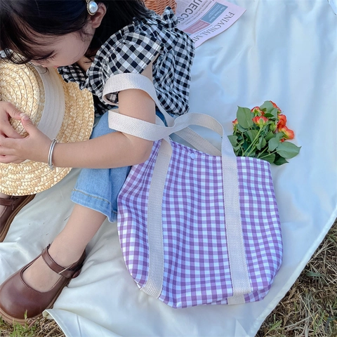 Kids Canvas Gingham Shoulder Bag Girls Checkered Tote Handbag Small Portable Snack Pouch With Snap Button