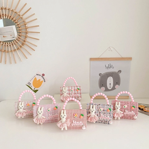 Kids Shoulder Bag Tweed Mini Crossbody Handbag With Artificial Pearl Beaded Handle And Bunny Plush Toy For Girls Cute Fashion