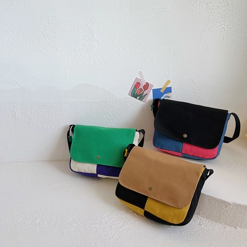 Bolso De Mensajero De Lona Para Niños Bloque De Color Gran Capacidad Correa Ajustable Bolso Bandolera Moderno Para Niños Niñas