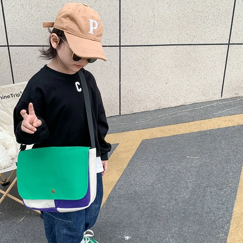 Bolso De Mensajero De Lona Para Niños Bloque De Color Gran Capacidad Correa Ajustable Bolso Bandolera Moderno Para Niños Niñas