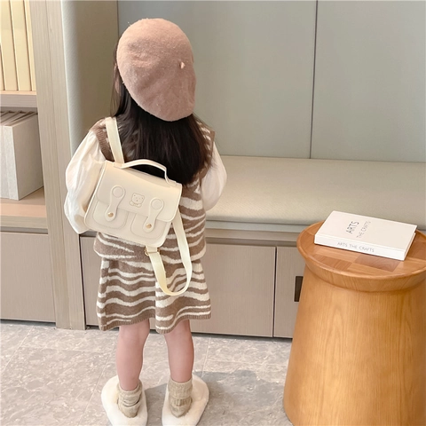 Kids Backpack Messenger Bag Retro British Style PU Leather Cartoon Bear Small Square Handbag For Toddler Girls Boys