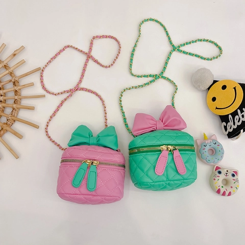 Mini Bolso Bandolera Para Niños De Cuero PU Acolchado Con Lazo Grande Y Correa De Cadena Estilo Princesa Para Niñas Pequeñas