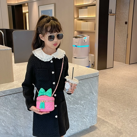 Mini Bolso Bandolera Para Niños De Cuero PU Acolchado Con Lazo Grande Y Correa De Cadena Estilo Princesa Para Niñas Pequeñas