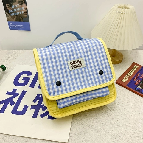 Mochila Para Niños Nylon Estampado De Cuadros Gingham Color De Contraste Pequeña Mochila Escolar Para Niños Niñas Moda