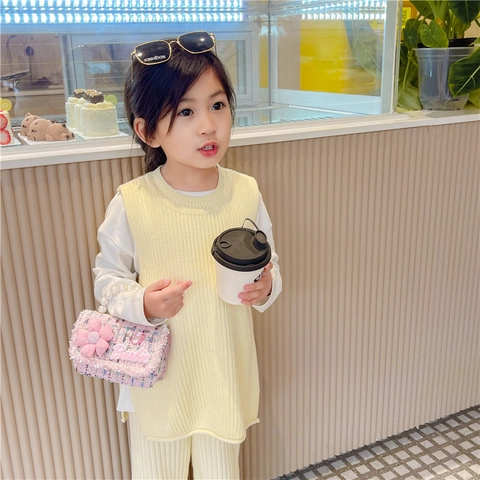 Bolso De Hombro Mini De Tweed Para Niñas Asa De Perlas Artificiales Flor 3D Bolso Cruzado De Pata De Gallo Para Niños