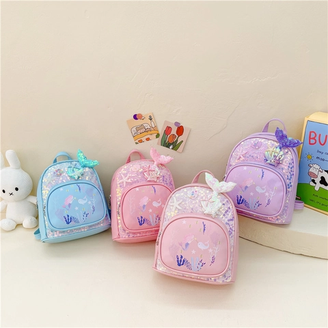 Zaino Con Paillettes Per Bambini Ragazze Pelle PU Coda Di Sirena Tema Oceano Carino Bambino Lucido Cartella