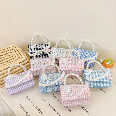 Girls Mini Crossbody Bag Tweed Faux Artificial Pearl Handle Lace Love Metal Chain Handbag Sweet Fashion Kids Accessory
