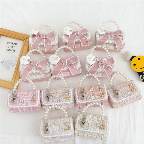 Kids Mini Tweed Shoulder Bag Princess Style Handbag With Artificial Pearl Handle Bowknot Rabbit Decor Crossbody Purse