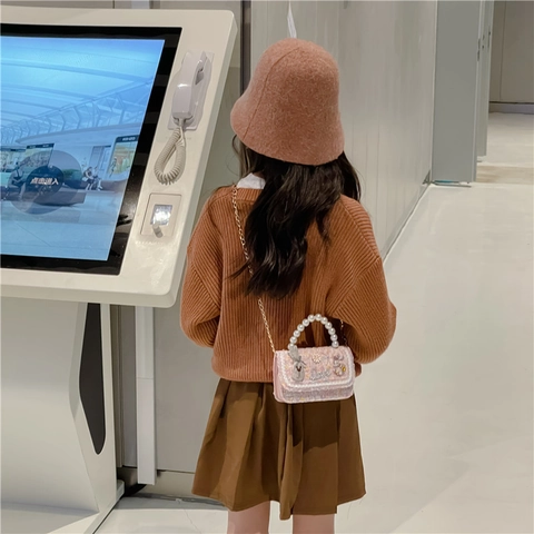 Kids Mini Tweed Shoulder Bag Princess Style Handbag With Artificial Pearl Handle Bowknot Rabbit Decor Crossbody Purse
