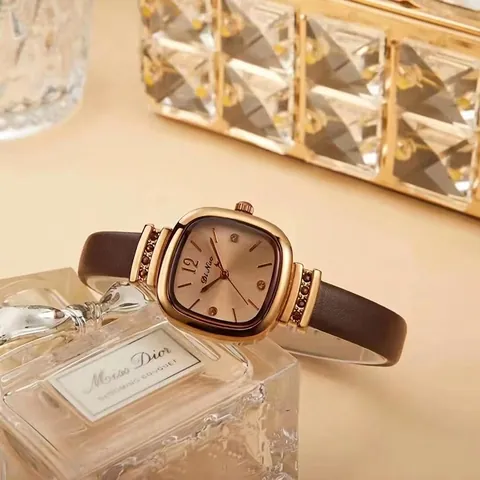 Women Quartz Watch Square Rose Gold Alloy Case Brown Leather Strap Waterproof Elegant Retro Fashion Timepiece