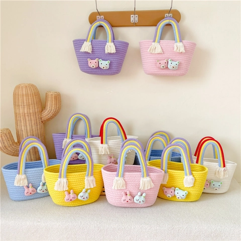 Kinderen Geweven Handtas Katoen Touw Regenboog Handvat Kwastje Cartoon Dier Patch Leuke Mini Mand Tas Voor Meisjes