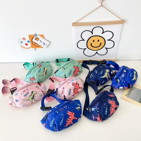 Kids Waist Bag Canvas Cartoon Dinosaur Print Adjustable Strap Chest Crossbody Bag For Boys Girls