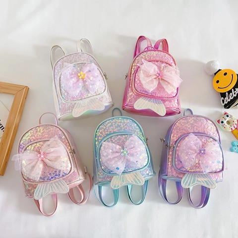 Zaino Bambina Paillettes Mini Pelle PU Olografica Coda Di Sirena Fiocco In Rete Carino Asilo Per Ragazze