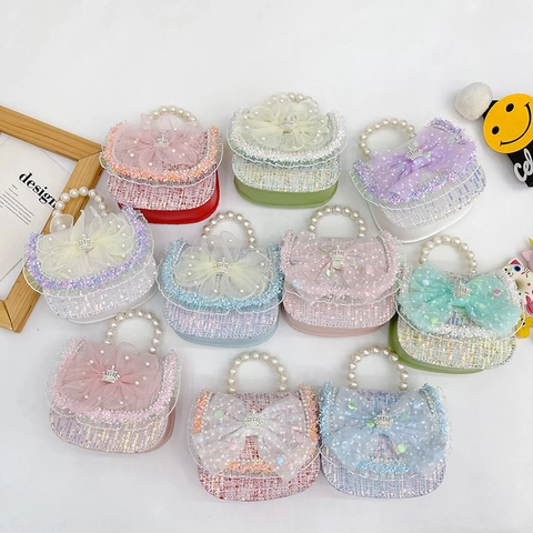 Kids Girls Mini Princess Crossbody Bag Tweed Sequin Handbag Artificial Pearl Handle Gauze Bow Crown Accessory Chain Shoulder Bag