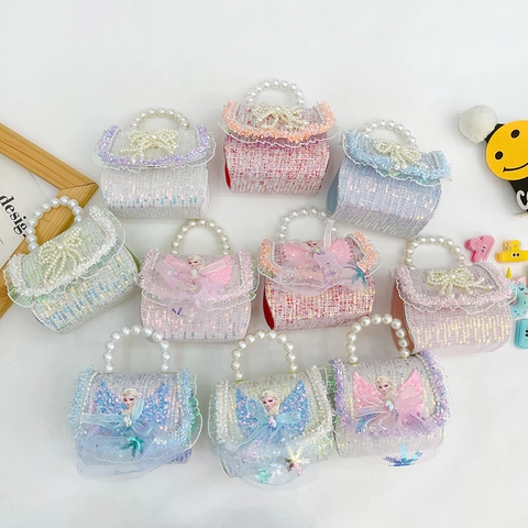 Girls Mini Crossbody Bag Tweed Sequin Artificial Pearl Handle Bow Princess Style Portable Shoulder Handbag For Kids