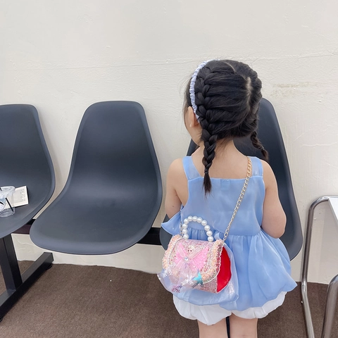 Girls Mini Crossbody Bag Tweed Sequin Artificial Pearl Handle Bow Princess Style Portable Shoulder Handbag For Kids