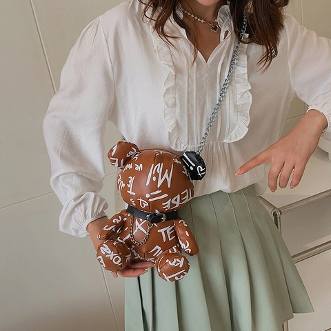 Trendy Berenvorm Schoudertas PU Leer Graffiti Letterprint Metalen Ketting Schattige Street Style Crossbody Tas Voor Meisjes