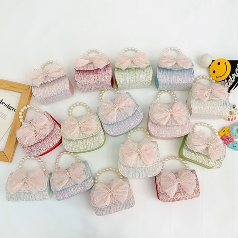 Mini Bolso De Hombro Para Niños Tweed Princesa Bolso De Mano Con Asa De Perla Artificial Lazo De Malla Cadena De Metal Niñas
