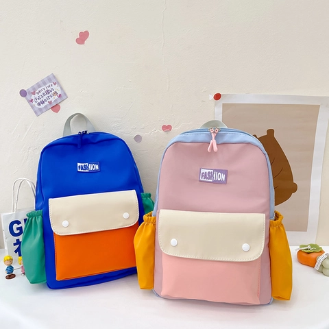 Mochila Niños Color Contraste Nylon Gran Capacidad Bolsa Escolar Guardería Multi Bolsillos Moda Bebé Mochila De Viaje