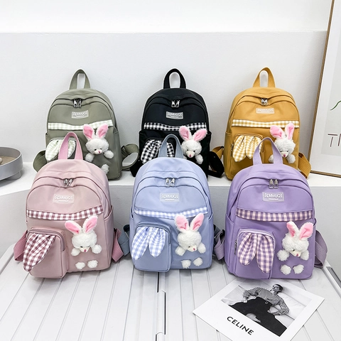 Kids Backpack Nylon Fabric Cute Plush Rabbit Decor Grid Pattern Kindergarten School Bag For Toddlers Casual Travel Outing
