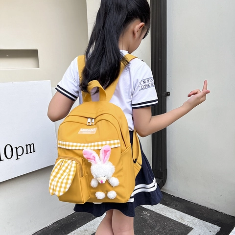 Kids Backpack Nylon Fabric Cute Plush Rabbit Decor Grid Pattern Kindergarten School Bag For Toddlers Casual Travel Outing