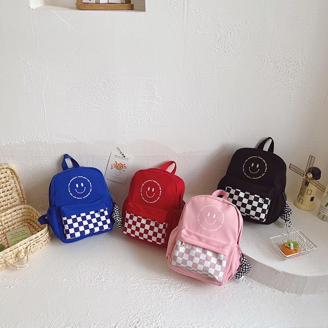 Kinder Rucksack Canvas Smiley Schachbrett Leicht Atmungsaktiv Schultasche Für Kleinkinder Jungen Mädchen Mit Bärenanhänger