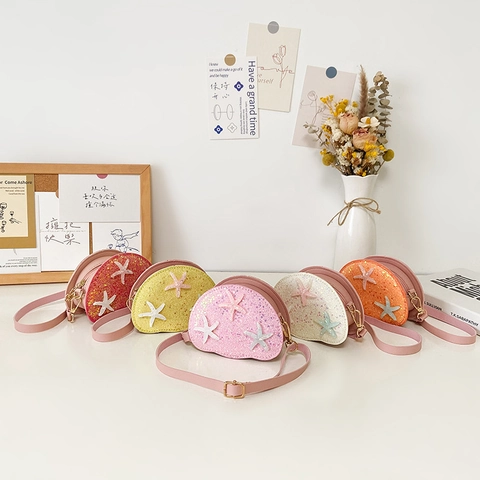 Girls Sequin Crossbody Bag Shell Shape Shoulder Purse With 3D Starfish Decorations Mini PU Leather Handbag For Kids