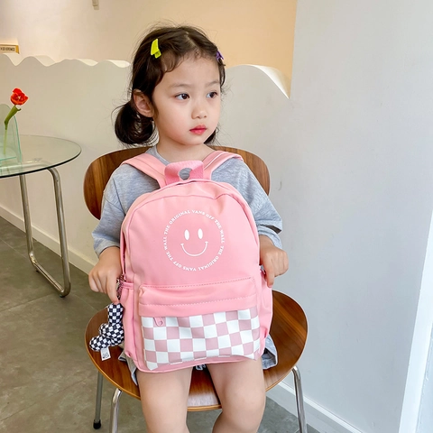 Kinder Rucksack Canvas Smiley Schachbrett Leicht Atmungsaktiv Schultasche Für Kleinkinder Jungen Mädchen Mit Bärenanhänger
