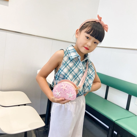 Girls Sequin Crossbody Bag Shell Shape Shoulder Purse With 3D Starfish Decorations Mini PU Leather Handbag For Kids
