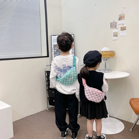 Kids Checkered Waist Bag Korean Style Fashion Letter Print Adjustable Strap Chest Crossbody Pack For Boys Girls