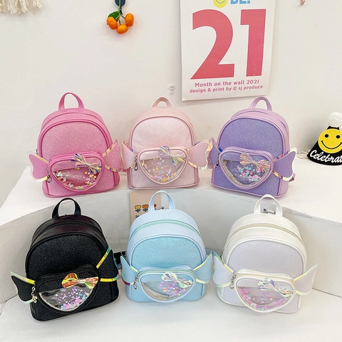 Kids Mini Rucksack Mädchen Süß Glitzer Schultasche Herz Transparent Tasche Pailletten Flügel Schleife PU Leder