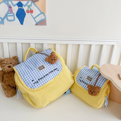 Kids Backpack Quilted Cotton Gingham Plaid Flap With Cute Bear Charm For Toddlers Boys Girls Kindergarten Schoolbag