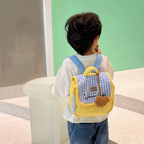 Kids Backpack Quilted Cotton Gingham Plaid Flap With Cute Bear Charm For Toddlers Boys Girls Kindergarten Schoolbag
