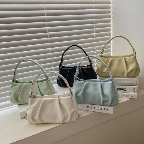 Pleated PU Leather Cloud Bag Fashion Underarm Shoulder Handbag For Women Solid Color Casual Versatile Soft Hobo Bag