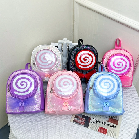 Kids Mini Backpack PU Leather Sequin Lollipop Pattern Mesh Bow Cute Cartoon Schoolbag For Girls Kindergarten
