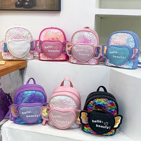 Sequin Kids Backpack PU Leather Heart Shape Wings Decor Cute Fashion Kindergarten Schoolbag For Girls