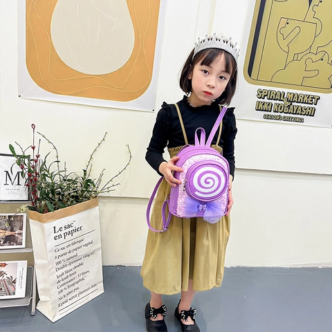Kids Mini Backpack PU Leather Sequin Lollipop Pattern Mesh Bow Cute Cartoon Schoolbag For Girls Kindergarten