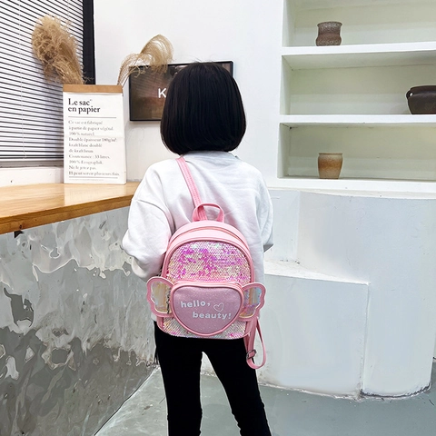Sequin Kids Backpack PU Leather Heart Shape Wings Decor Cute Fashion Kindergarten Schoolbag For Girls