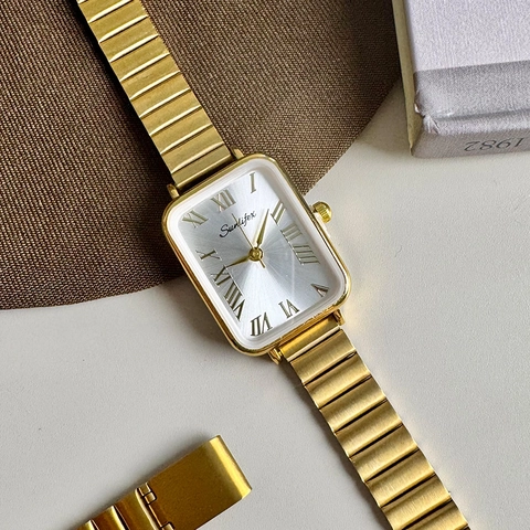 Vintage Rectangle Quartz Watch For Women With Roman Numerals Alloy Link Strap Elegant Fashion Wristwatch