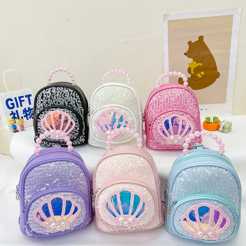 Mini Mochila De Lentejuelas Para Niñas Cuero PU Parche De Concha Asa De Perlas Artificiales Artificiales Lindo Princesa