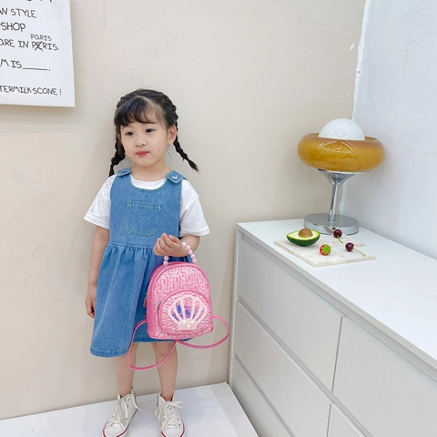 Mini Mochila De Lentejuelas Para Niñas Cuero PU Parche De Concha Asa De Perlas Artificiales Artificiales Lindo Princesa