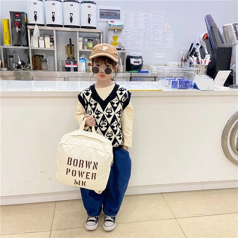 Kids Backpack Denim Canvas Letter Print Retro Casual Fashion Bag For Toddler Boys Girls