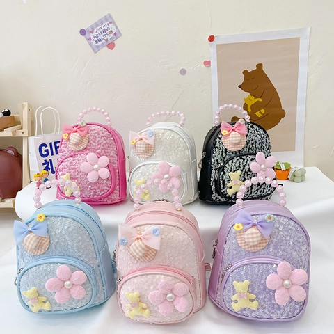 Mini Mochila Para Niñas Niños Lentejuelas Cuero PU Mango De Perla Artificial Lindo Oso Flor Decorativo Jardín De Infantes Mochila De Viaje